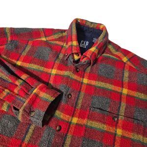 Vintage GAP 80s Mens Red Plaid Flannel Wool Blend Button Shirt Medium Hong Kong